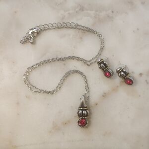 Vintage Red Stone Silver Tones Necklace & Earring Set. Royalty. Dark Academia